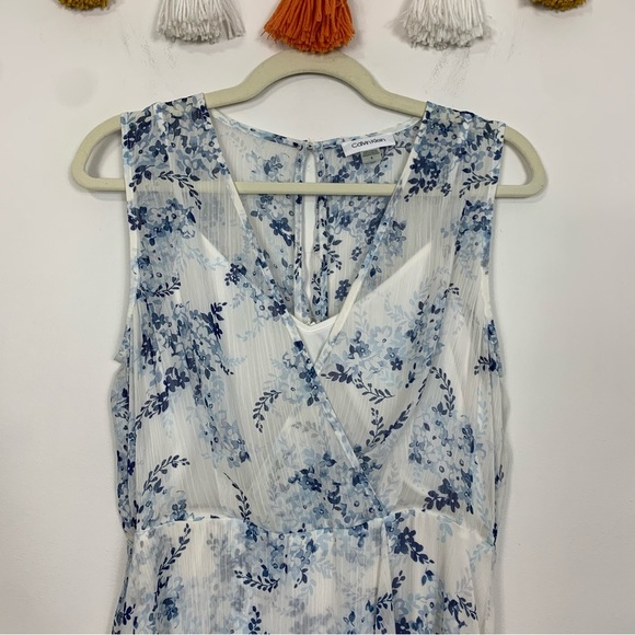 Calvin Klein High Low Midi Dress White Blue Floral Print Size 8 - Picture 3 of 12